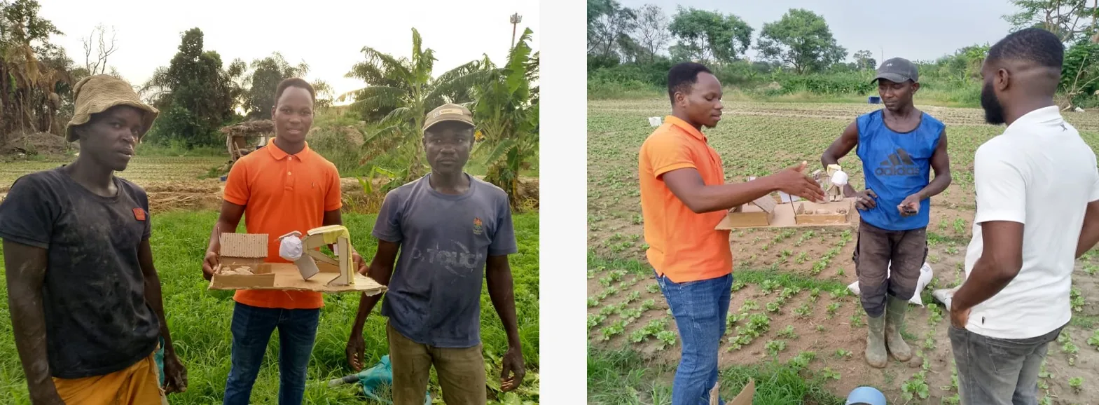 Two field visits: a team member holding a storage prototype with two farmers, and a team member explaining the prototype to farmers in a vegetable field