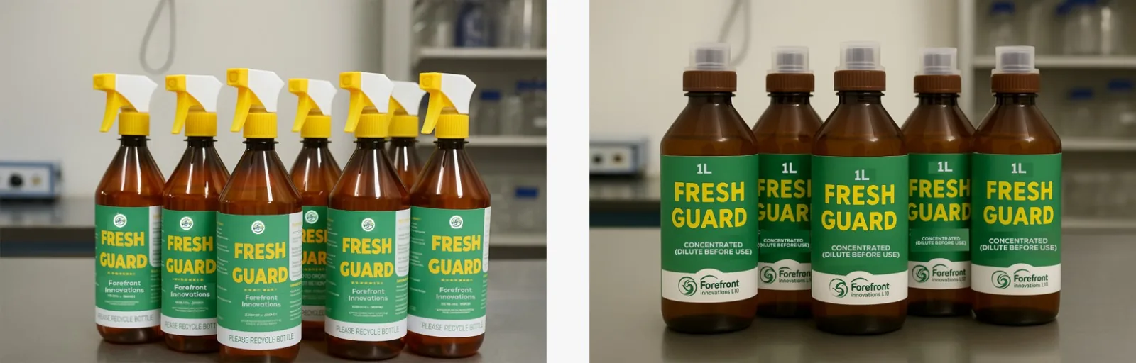 Fresh Guard bottles on a laboratory bench: spray bottles with yellow triggers and 1 litre concentrate bottles